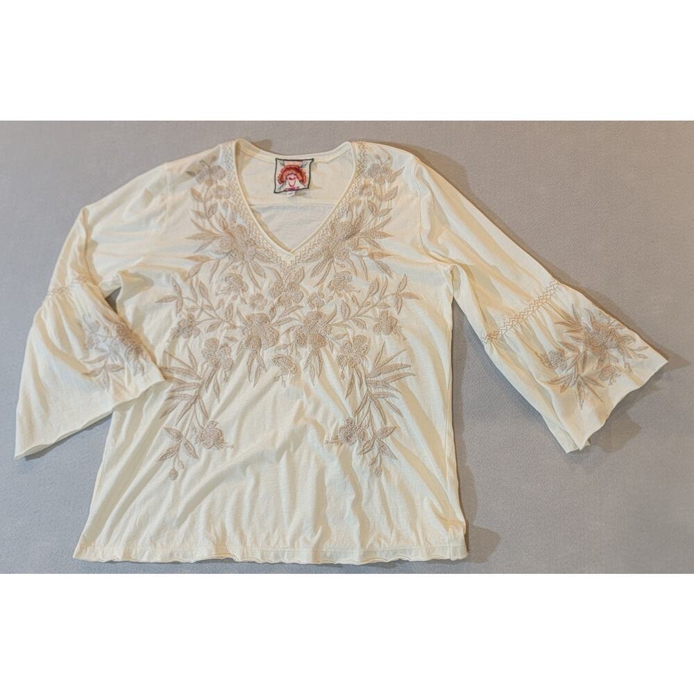 Johnny Was Cream V-Neck Embroidered Floral Blouse